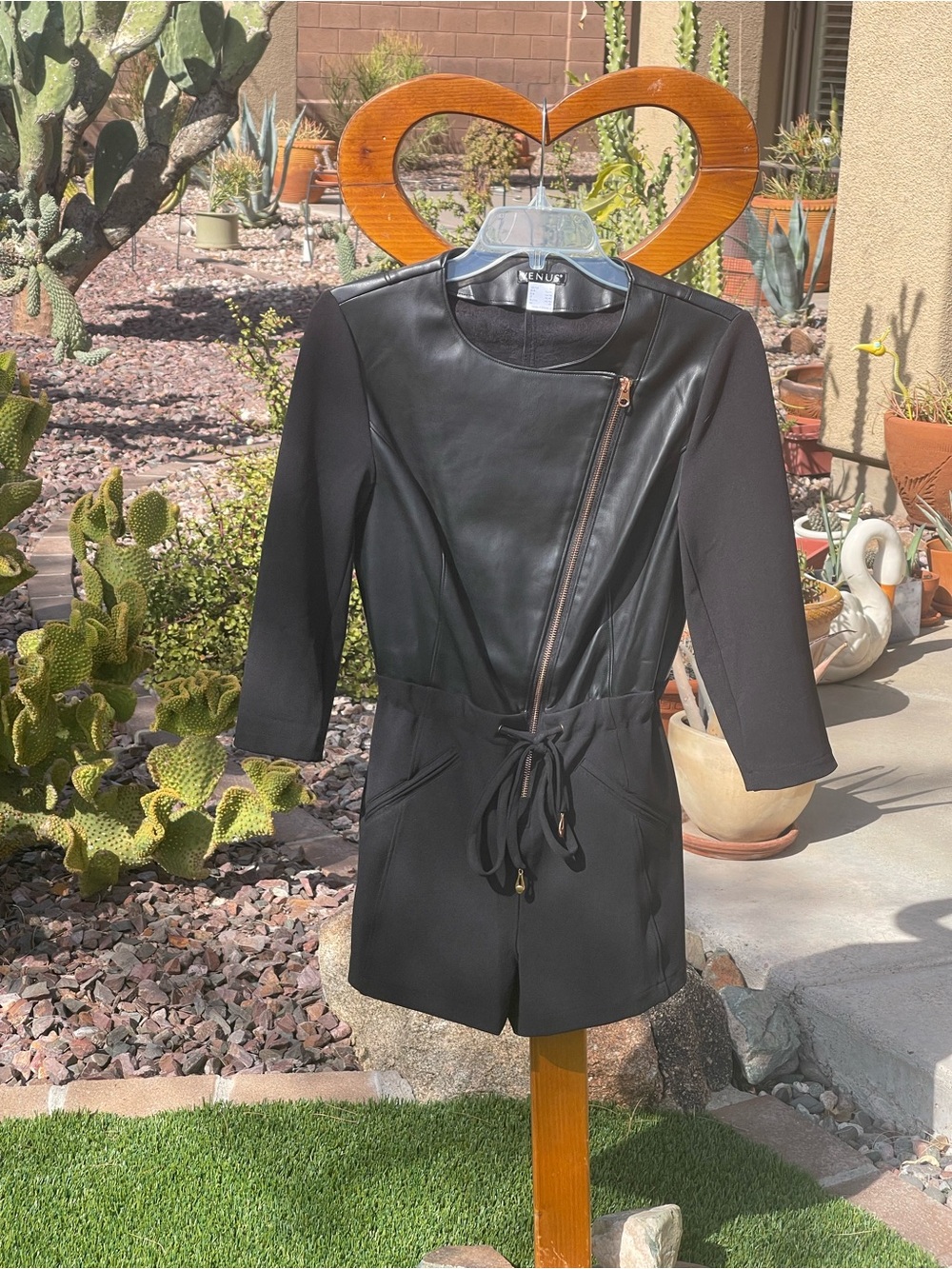 VENUS Black Faux Leather-Front Romper with Zip